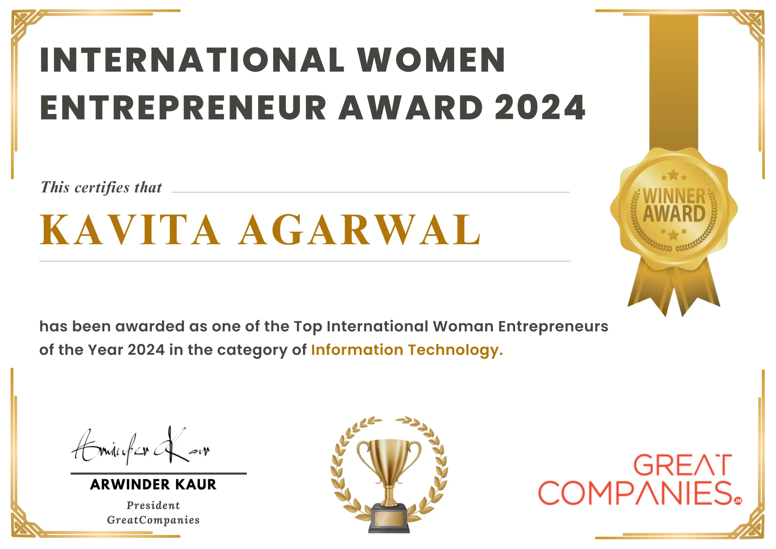 Kavita Agarwal Women Award 2024 Certificate